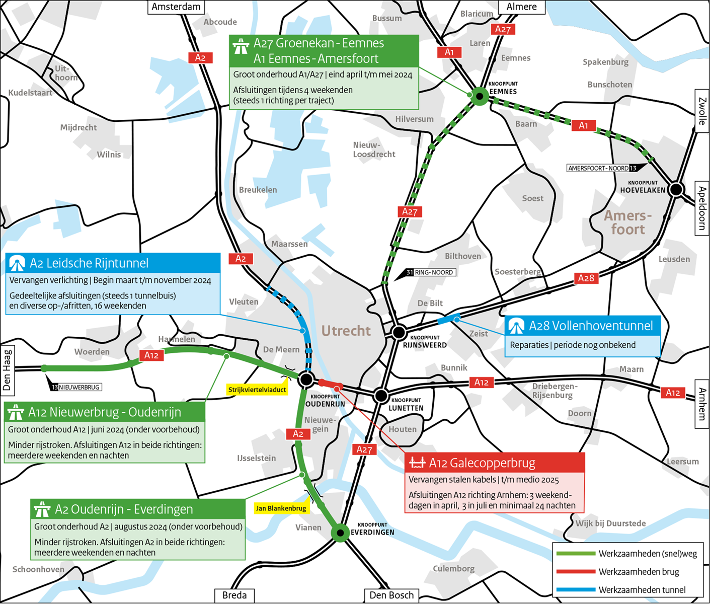 Kaart met overzicht van aankomende wegwerkzaamheden in de regio Utrecht.